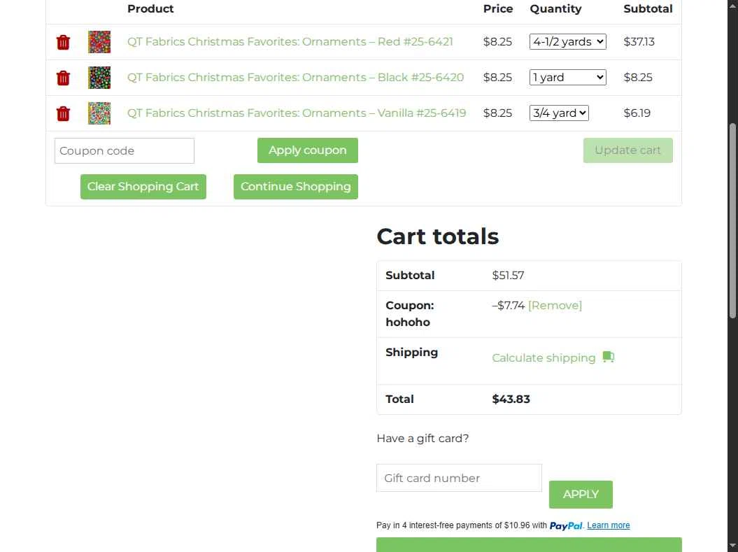 Quilt Fabric Closeouts checkout page showing Quilt Fabric Closeouts coupon code box | Screenshot taken by SimplyCodes community member on Oct 19, 2025