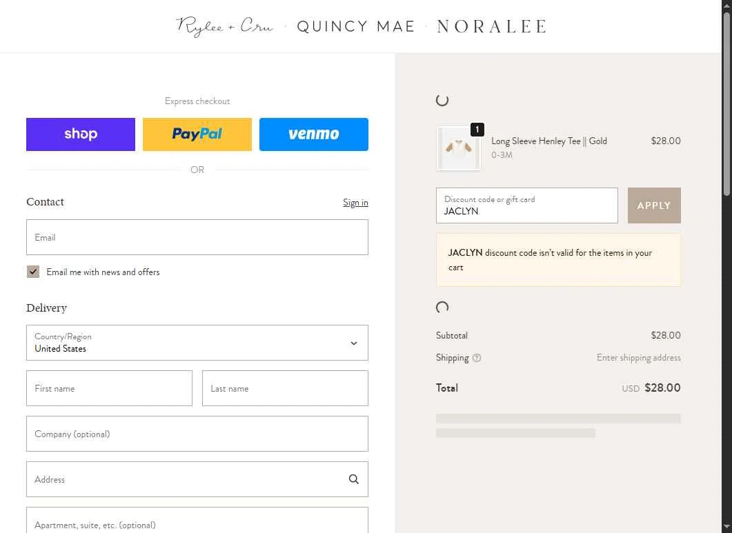 Quincy Mae checkout page showing Quincy Mae discount code box | Screenshot taken by SimplyCodes community member on Sep 27, 2025