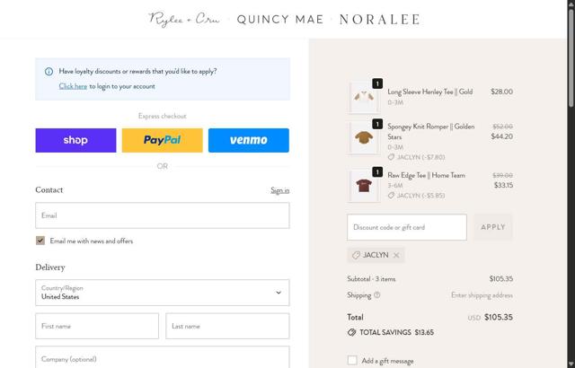 Quincy Mae checkout page showing Quincy Mae discount code box | Screenshot taken by SimplyCodes community member on Sep 27, 2025