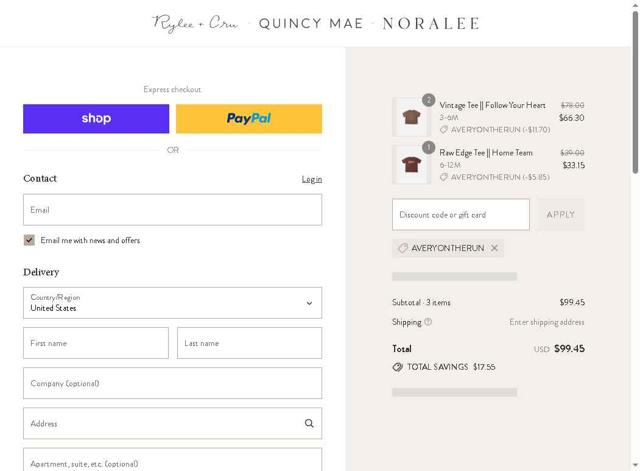 Quincy Mae checkout page showing Quincy Mae discount code box | Screenshot taken by SimplyCodes community member on Sep 3, 2025