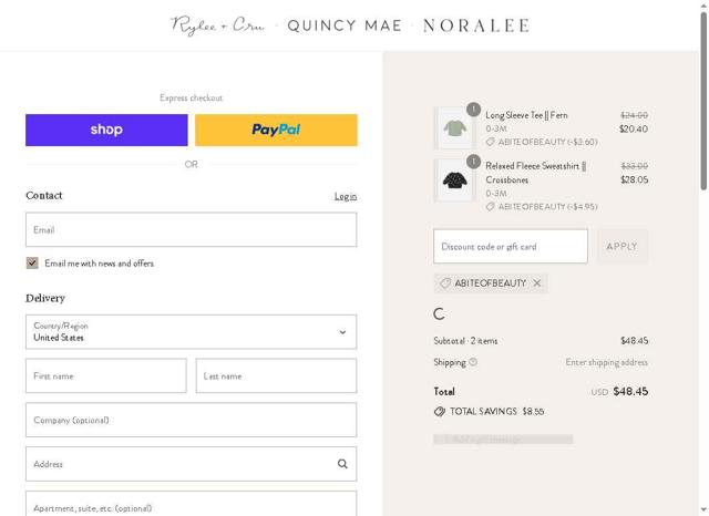 Quincy Mae checkout page showing Quincy Mae discount code box | Screenshot taken by SimplyCodes community member on Sep 8, 2025