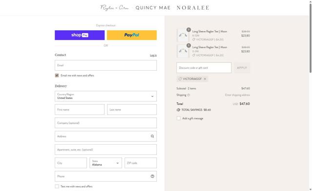 Quincy Mae checkout page showing Quincy Mae discount code box | Screenshot taken by SimplyCodes community member on Aug 28, 2025