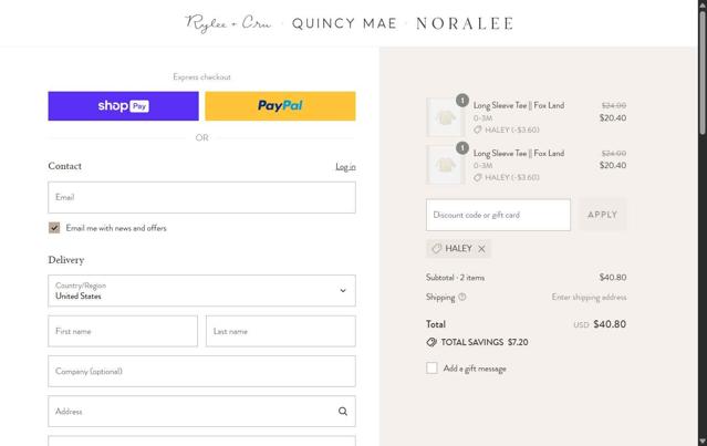 Quincy Mae checkout page showing Quincy Mae discount code box | Screenshot taken by SimplyCodes community member on Aug 28, 2025