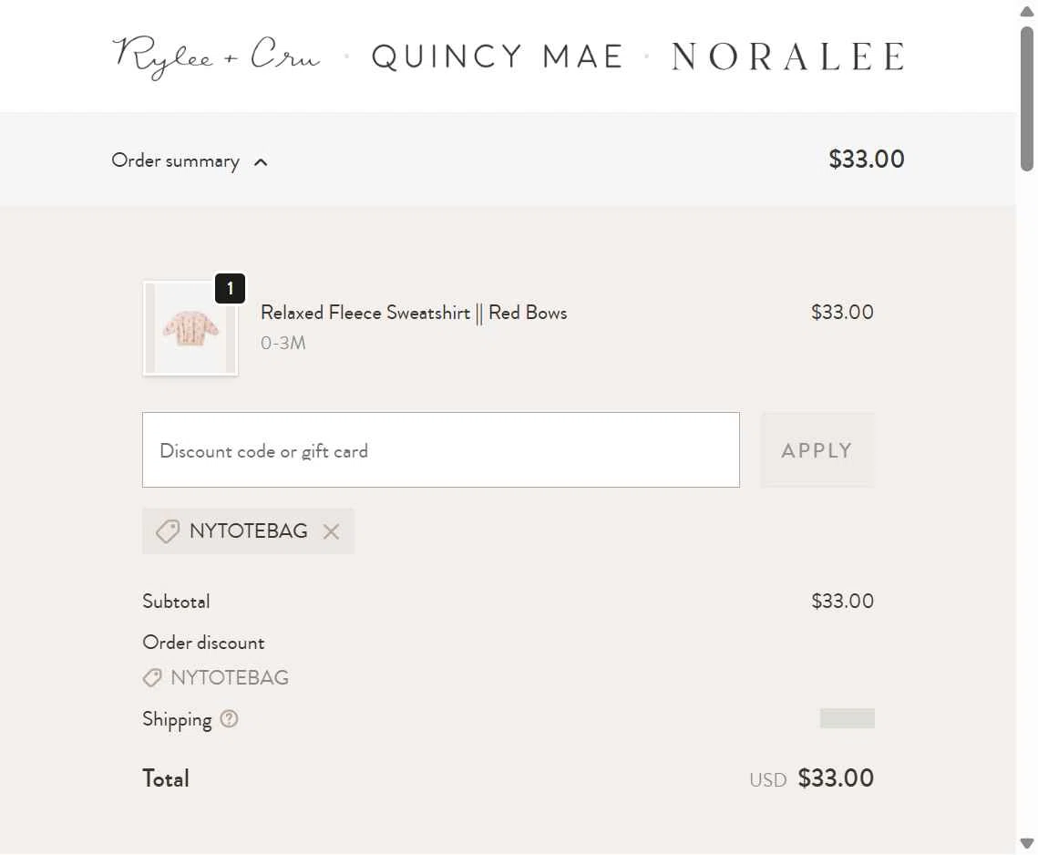 Quincy Mae checkout page showing Quincy Mae discount code box | Screenshot taken by SimplyCodes community member on Dec 23, 2025