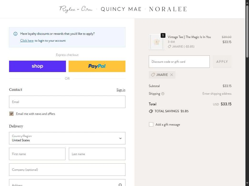 Quincy Mae checkout page showing Quincy Mae discount code box | Screenshot taken by SimplyCodes community member on Sep 26, 2025