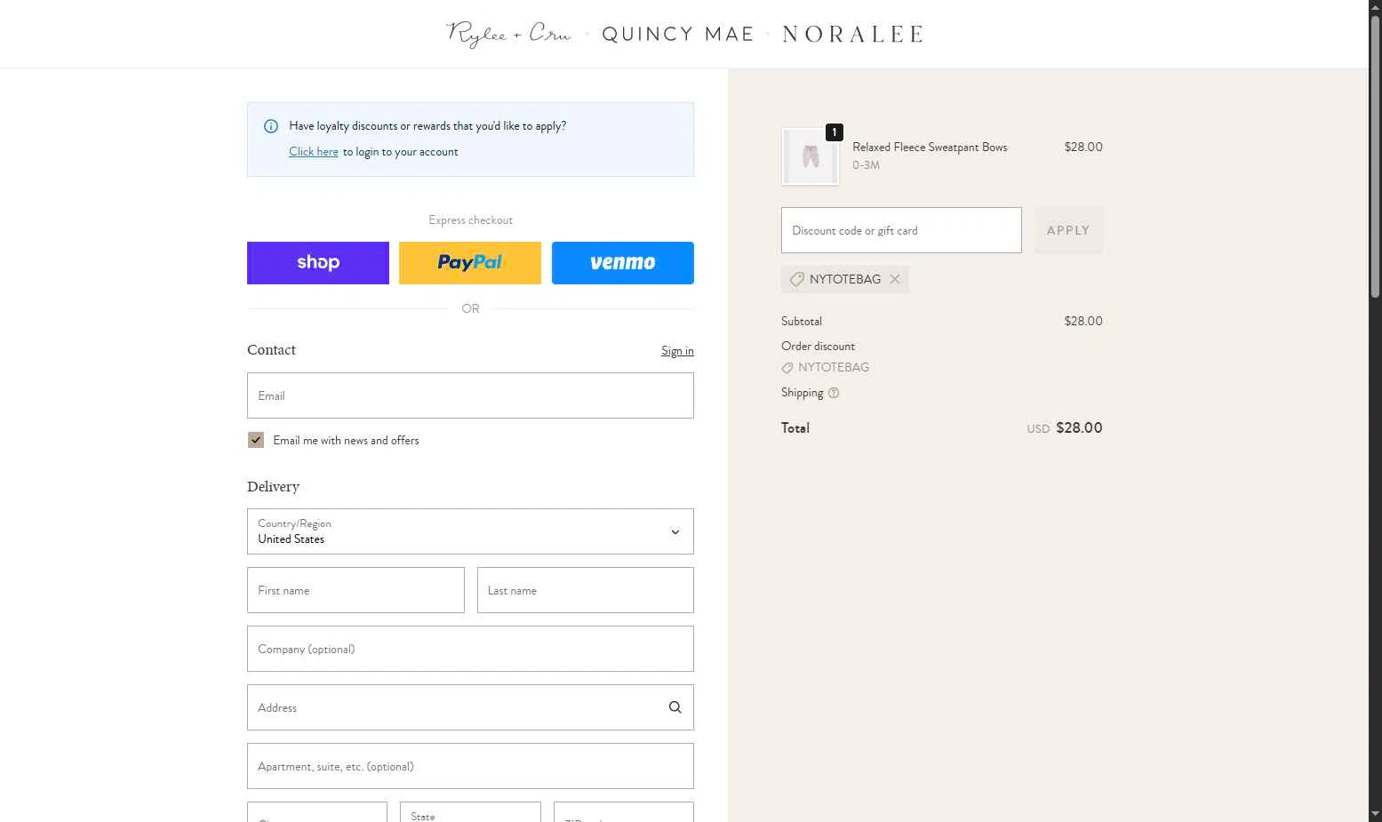 Quincy Mae checkout page showing Quincy Mae discount code box | Screenshot taken by SimplyCodes community member on Dec 27, 2025