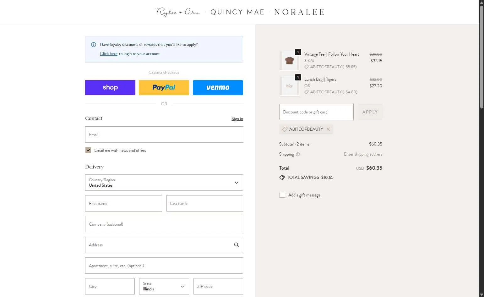 Quincy Mae checkout page showing Quincy Mae discount code box | Screenshot taken by SimplyCodes community member on Sep 27, 2025