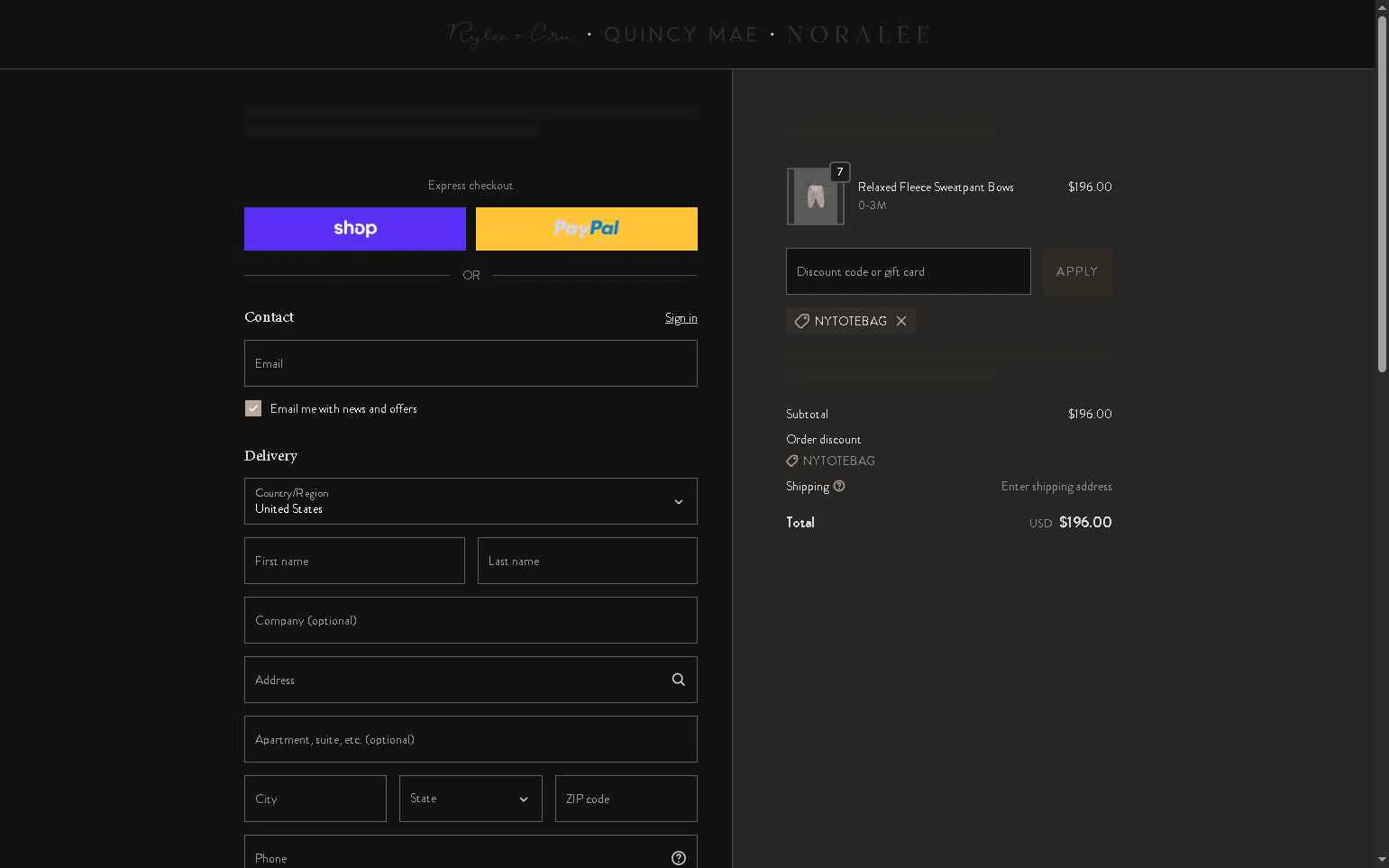 Quincy Mae checkout page showing Quincy Mae discount code box | Screenshot taken by SimplyCodes community member on Dec 27, 2025