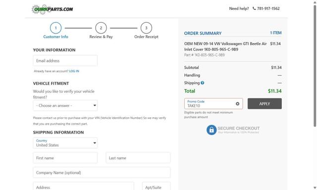 QuirkParts checkout page showing QuirkParts promo code box | Screenshot taken by SimplyCodes community member on May 30, 2025
