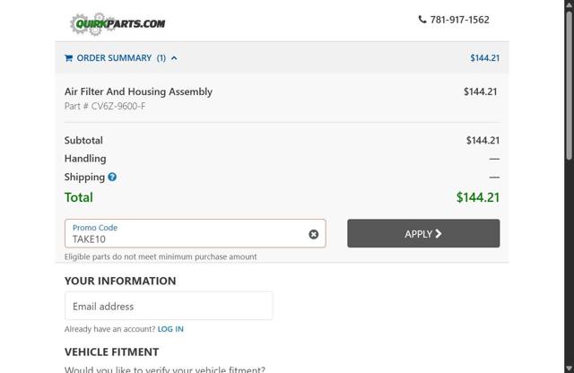 QuirkParts checkout page showing QuirkParts promo code box | Screenshot taken by SimplyCodes community member on Jul 8, 2025