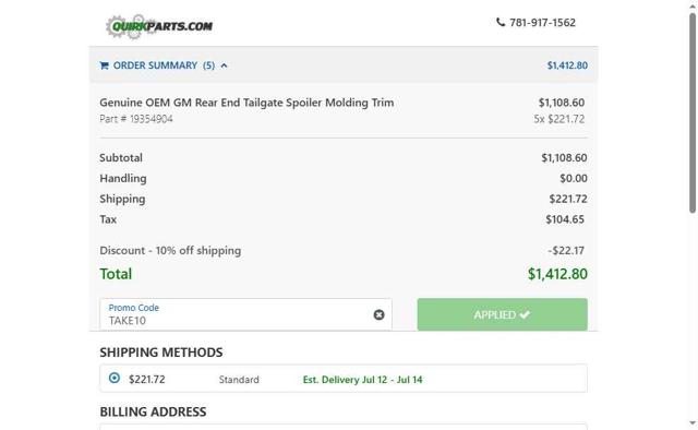 QuirkParts checkout page showing QuirkParts promo code box | Screenshot taken by SimplyCodes community member on Jul 8, 2025