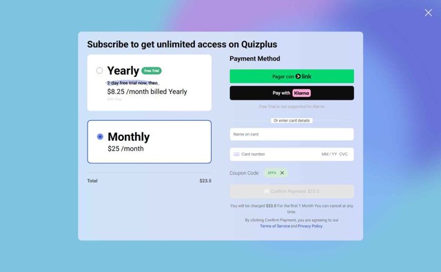 Quizplus checkout page showing Quizplus coupon code box | Screenshot taken by SimplyCodes community member on Jul 13, 2025