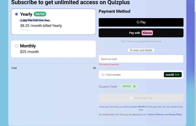 Quizplus checkout page showing Quizplus coupon code box | Screenshot taken by SimplyCodes community member on Aug 11, 2025