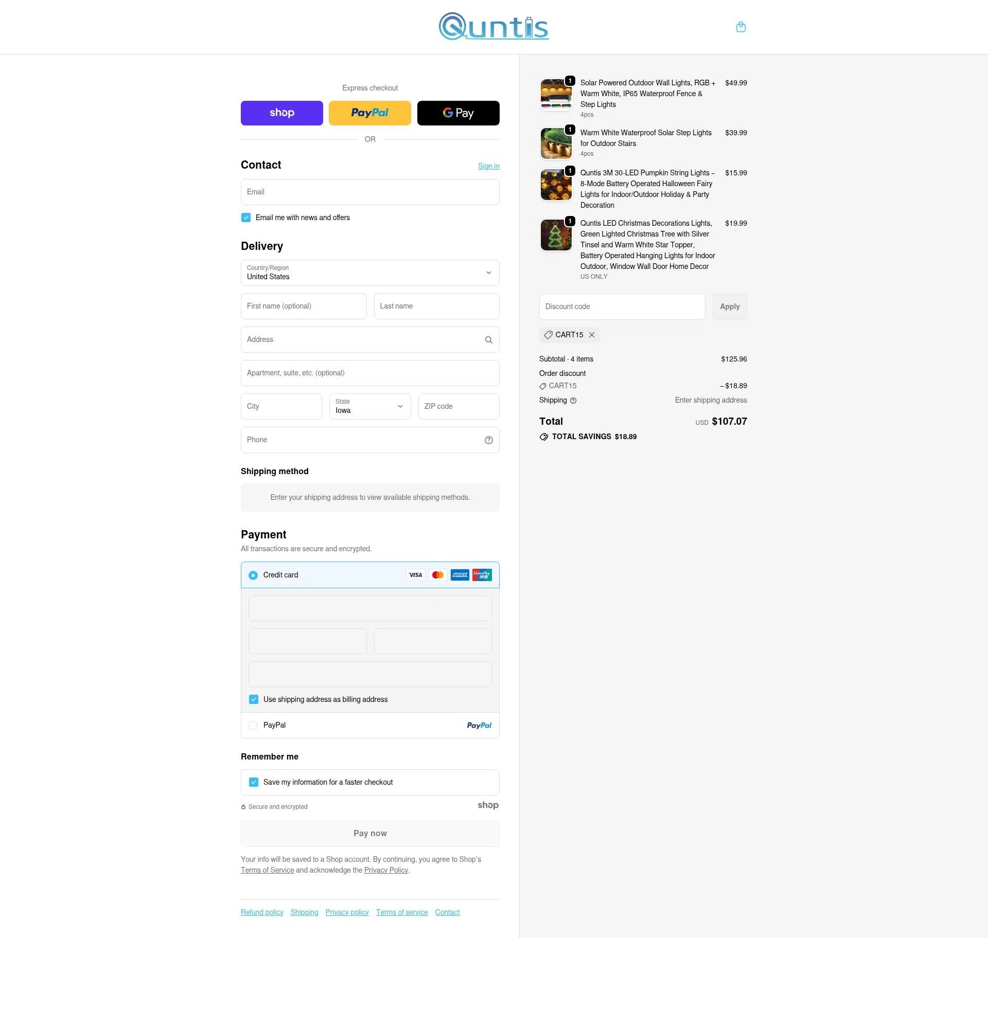 Quntis checkout page showing Quntis promo code box | Screenshot taken by SimplyCodes community member on Jan 5, 2026
