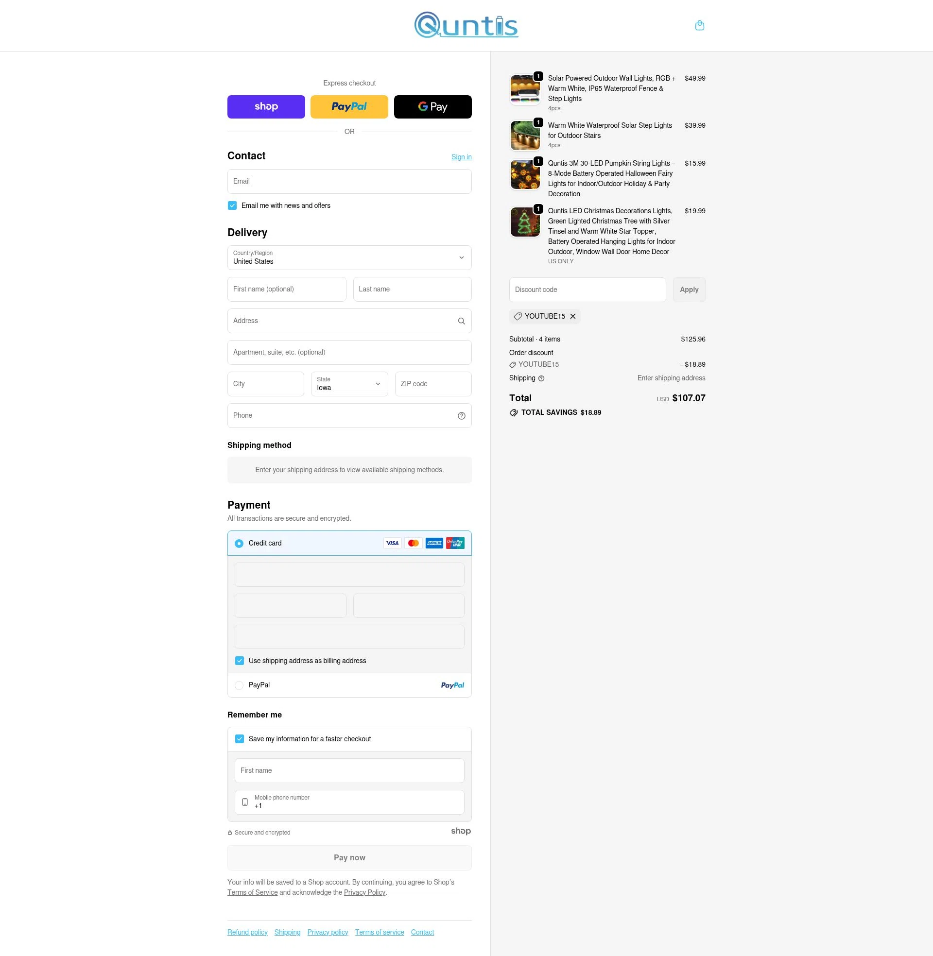 Quntis checkout page showing Quntis promo code box | Screenshot taken by SimplyCodes community member on Jan 5, 2026