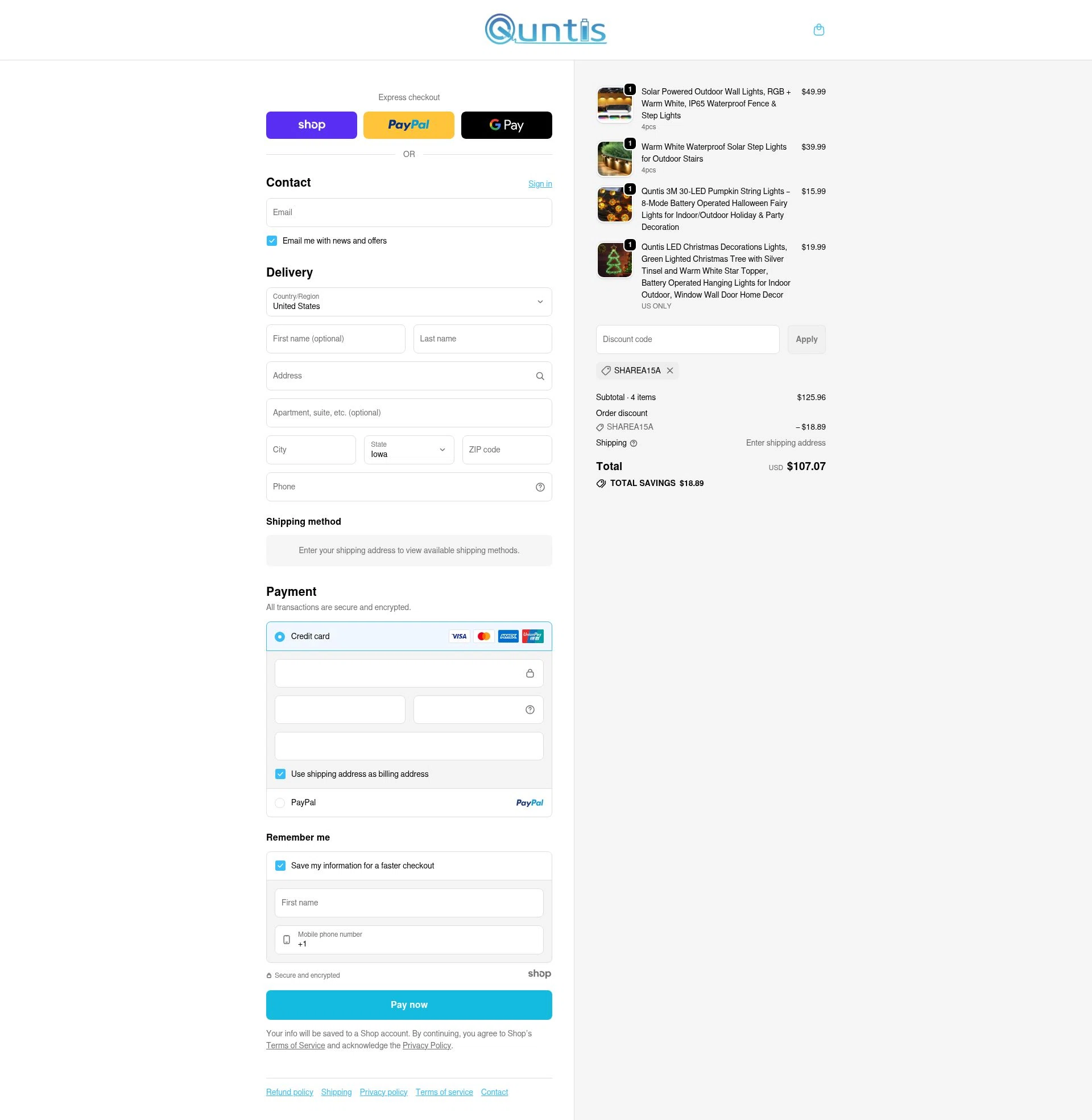 Quntis checkout page showing Quntis promo code box | Screenshot taken by SimplyCodes community member on Jan 5, 2026