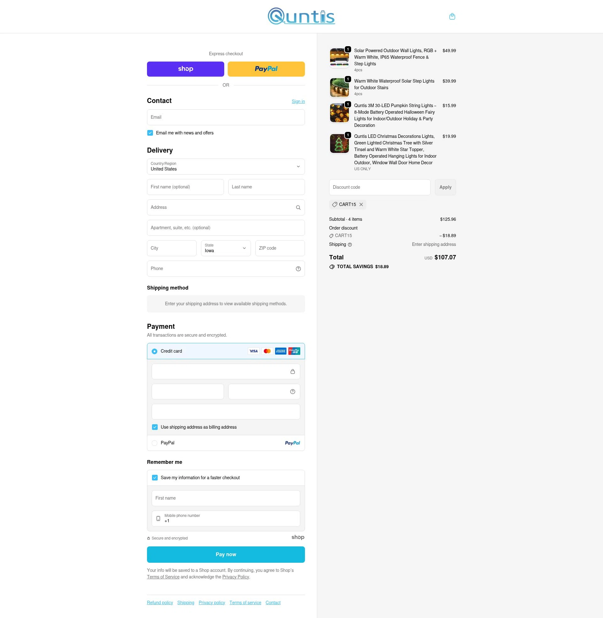 Quntis checkout page showing Quntis promo code box | Screenshot taken by SimplyCodes community member on Dec 31, 2025