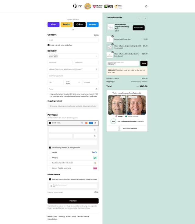 Qure checkout page showing Qure discount code box | Screenshot taken by SimplyCodes community member on Sep 15, 2025