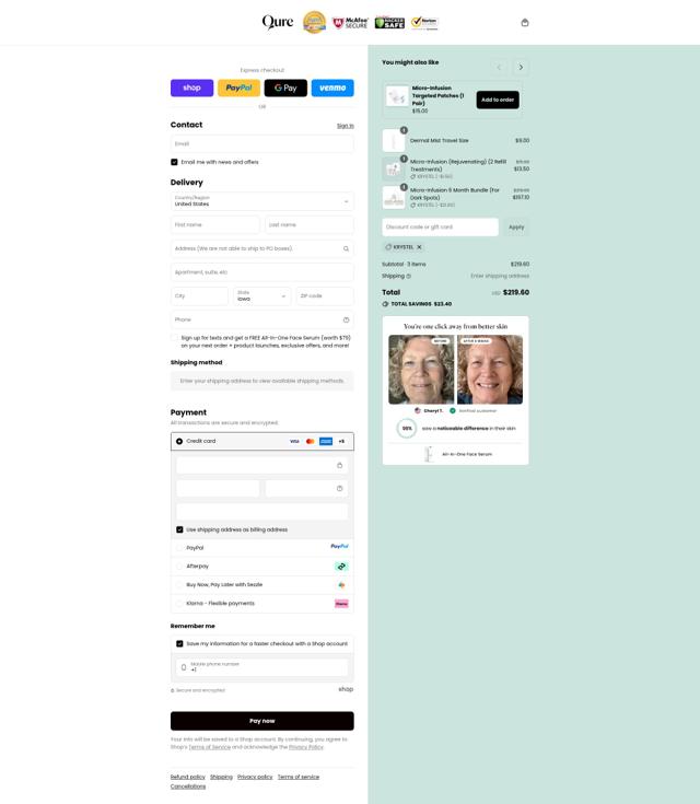 Qure checkout page showing Qure discount code box | Screenshot taken by SimplyCodes community member on Sep 15, 2025