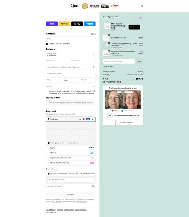 Qure checkout page showing Qure discount code box | Screenshot taken by SimplyCodes community member on Sep 15, 2025