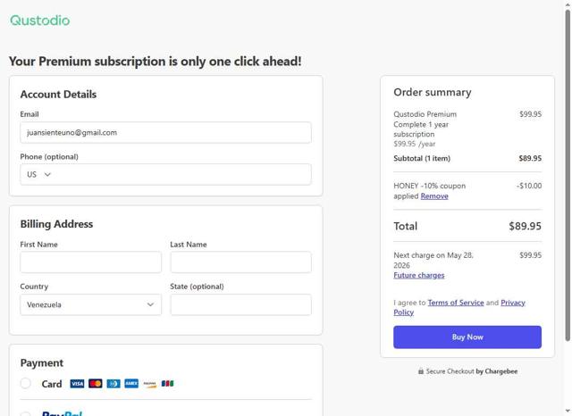 Qustodio checkout page showing Qustodio discount code box | Screenshot taken by SimplyCodes community member on May 28, 2025
