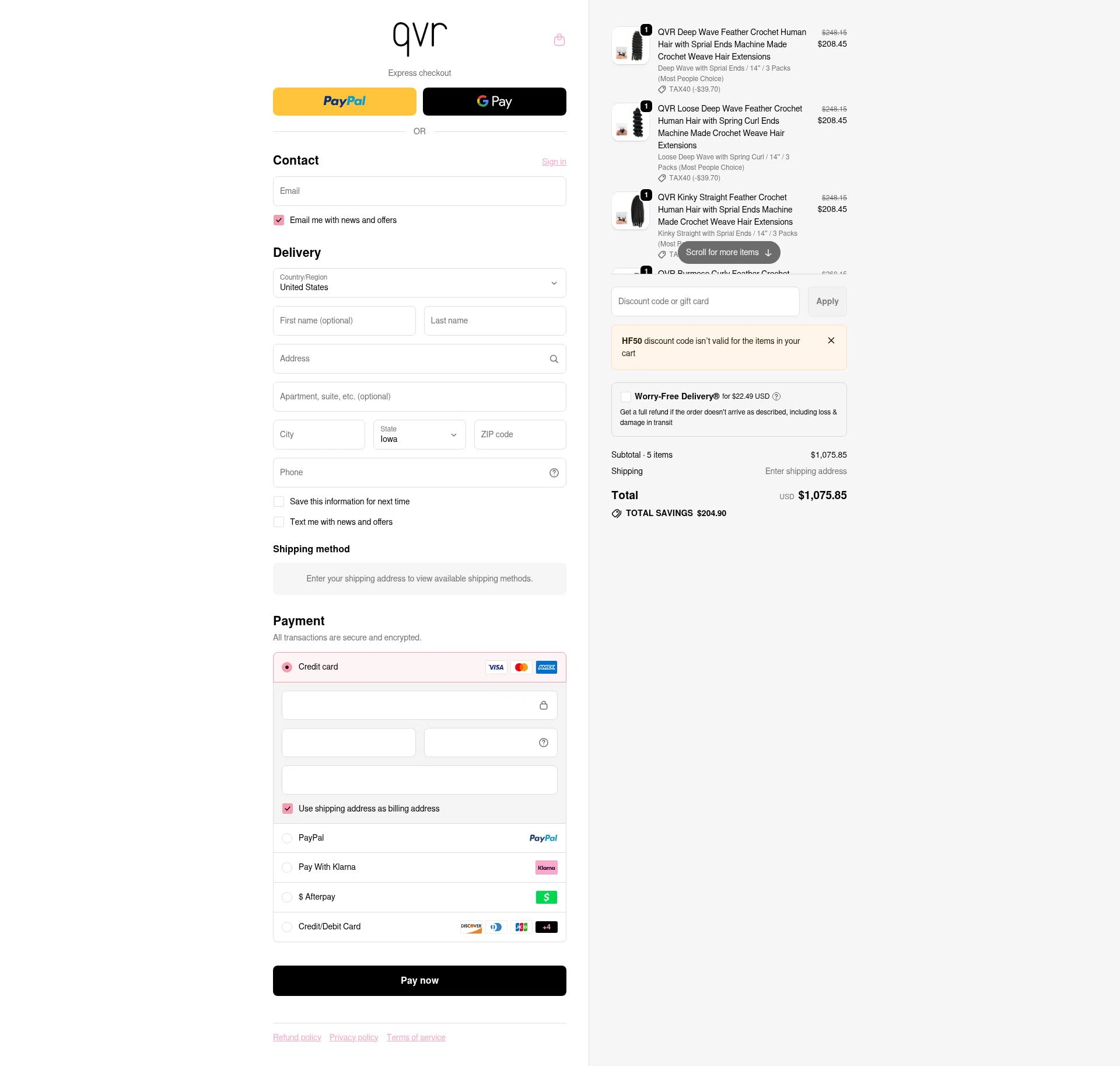 QVR Hair checkout page showing QVR Hair discount code box | Screenshot taken by SimplyCodes community member on Feb 14, 2026