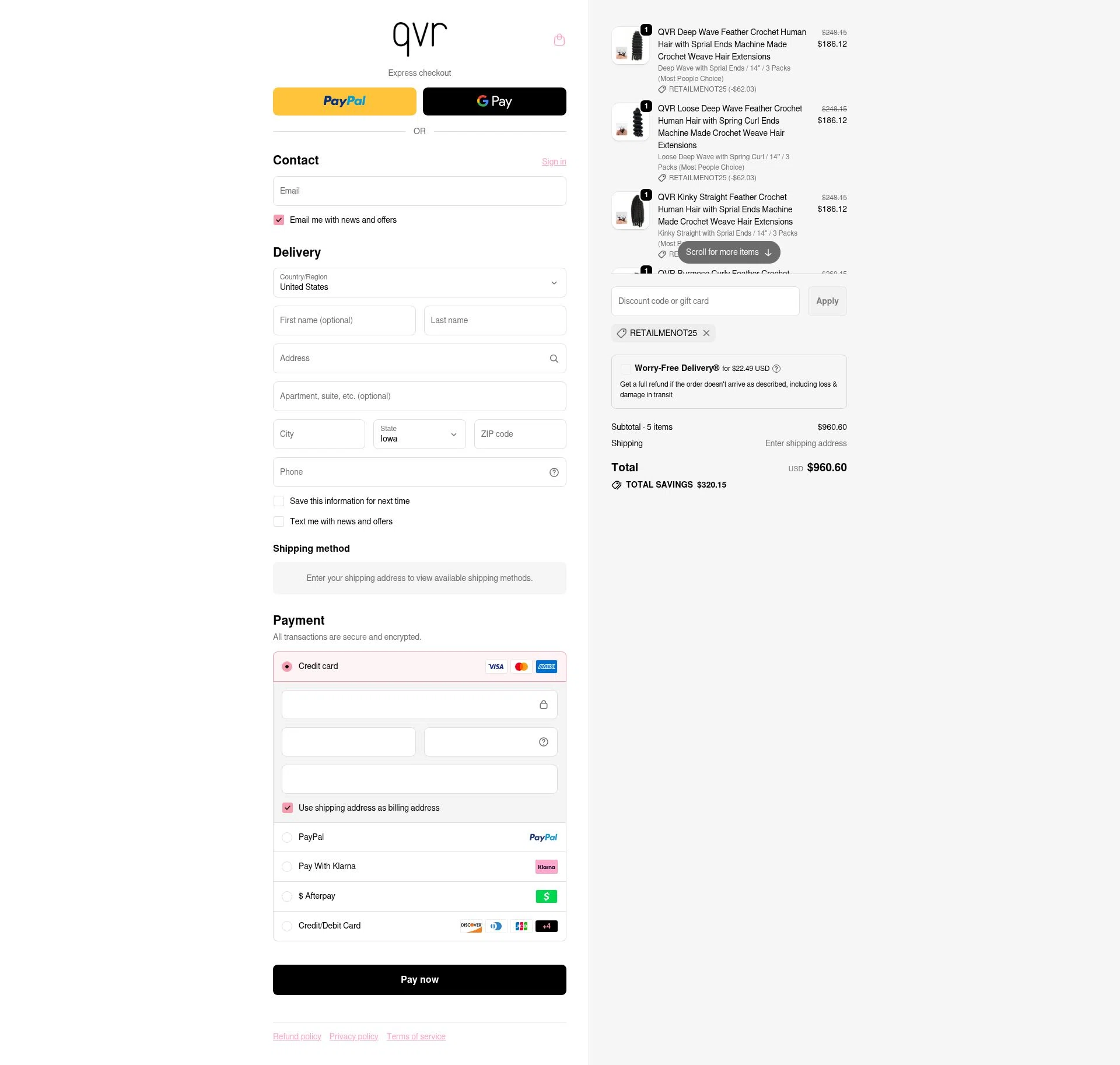 QVR Hair checkout page showing QVR Hair discount code box | Screenshot taken by SimplyCodes community member on Feb 14, 2026