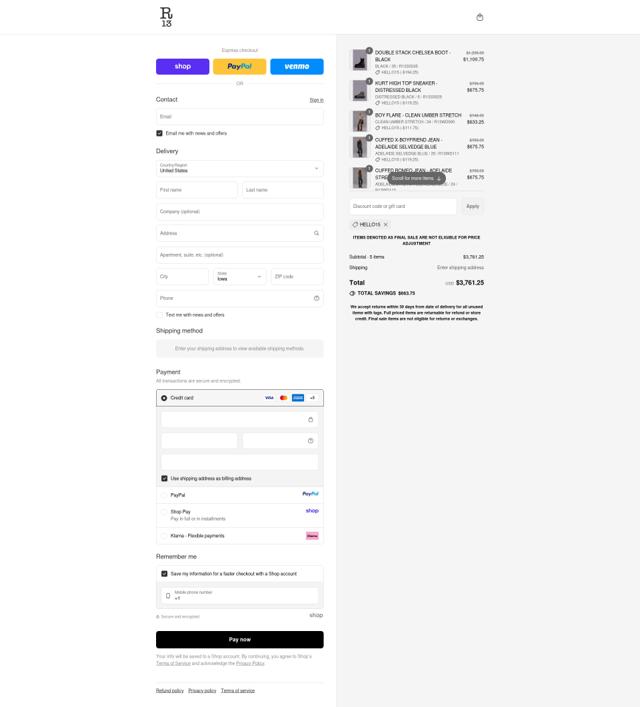 R13 checkout page showing R13 promo code box | Screenshot taken by SimplyCodes community member on Sep 10, 2025