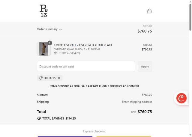 R13 checkout page showing R13 promo code box | Screenshot taken by SimplyCodes community member on Sep 11, 2025