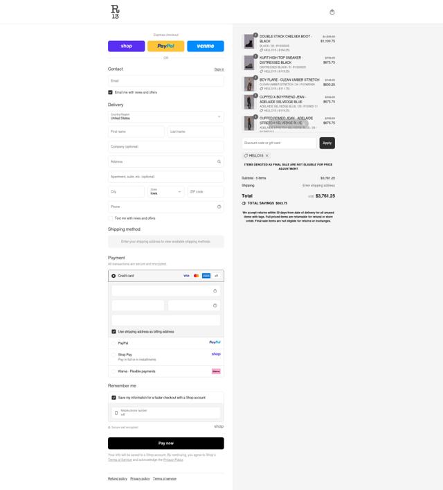 R13 checkout page showing R13 promo code box | Screenshot taken by SimplyCodes community member on Sep 14, 2025
