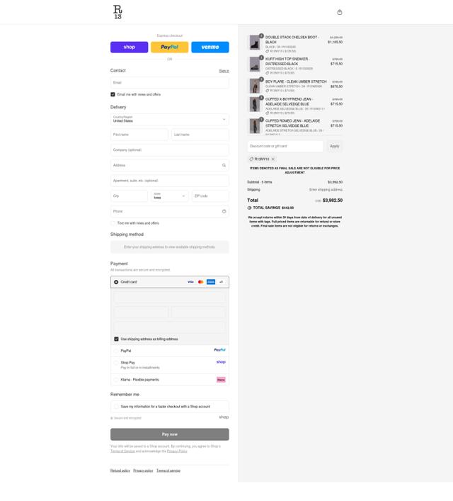 R13 checkout page showing R13 promo code box | Screenshot taken by SimplyCodes community member on Sep 14, 2025