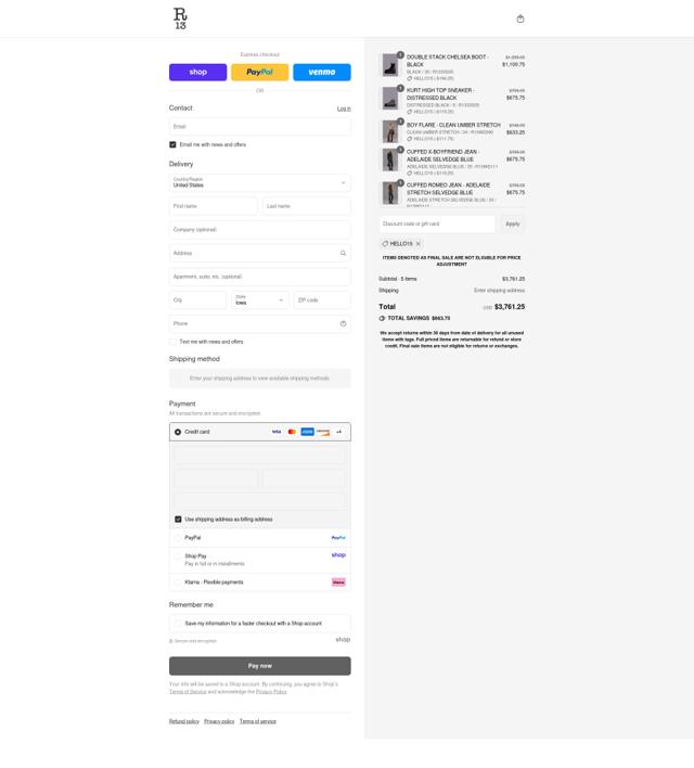 R13 checkout page showing R13 promo code box | Screenshot taken by SimplyCodes community member on Sep 6, 2025