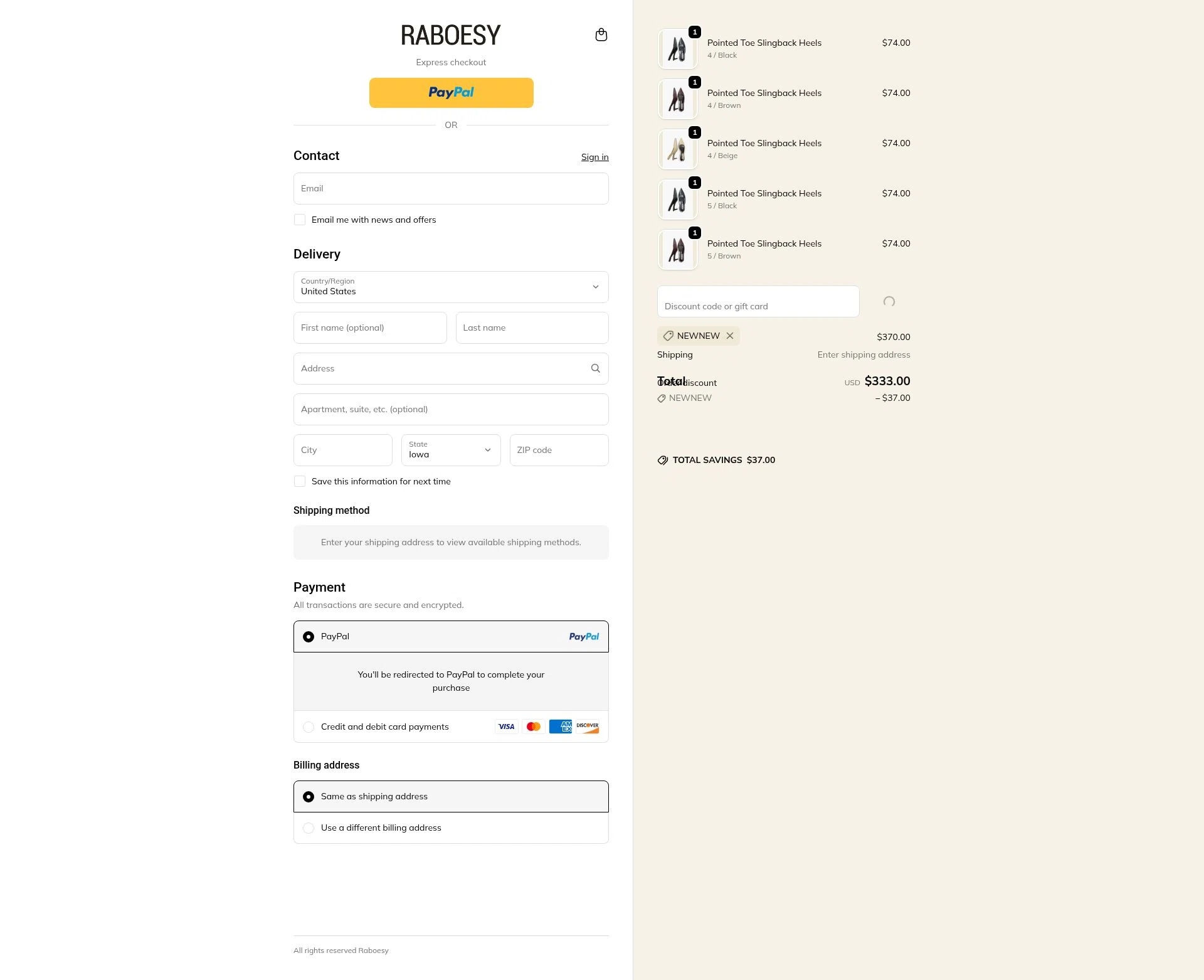 Raboesy checkout page showing Raboesy discount code box | Screenshot taken by SimplyCodes community member on Feb 15, 2026