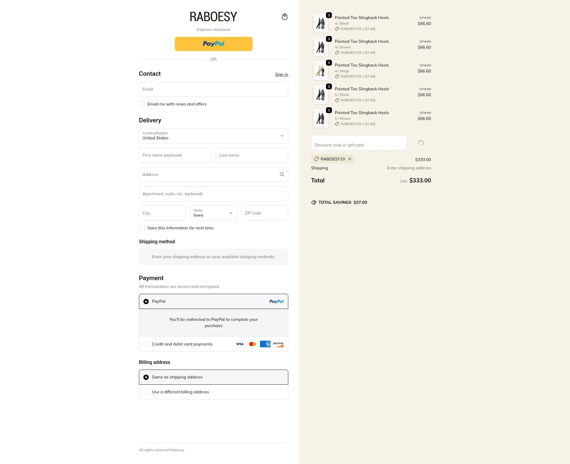 Raboesy checkout page showing Raboesy discount code box | Screenshot taken by SimplyCodes community member on Feb 15, 2026