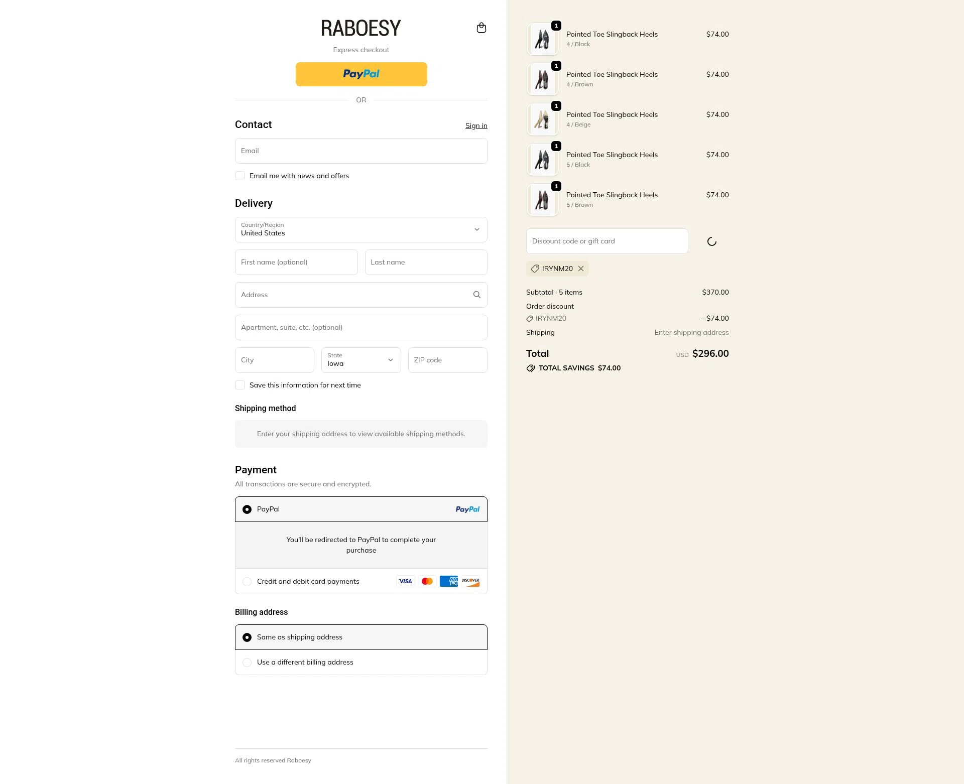 Raboesy checkout page showing Raboesy discount code box | Screenshot taken by SimplyCodes community member on Feb 15, 2026