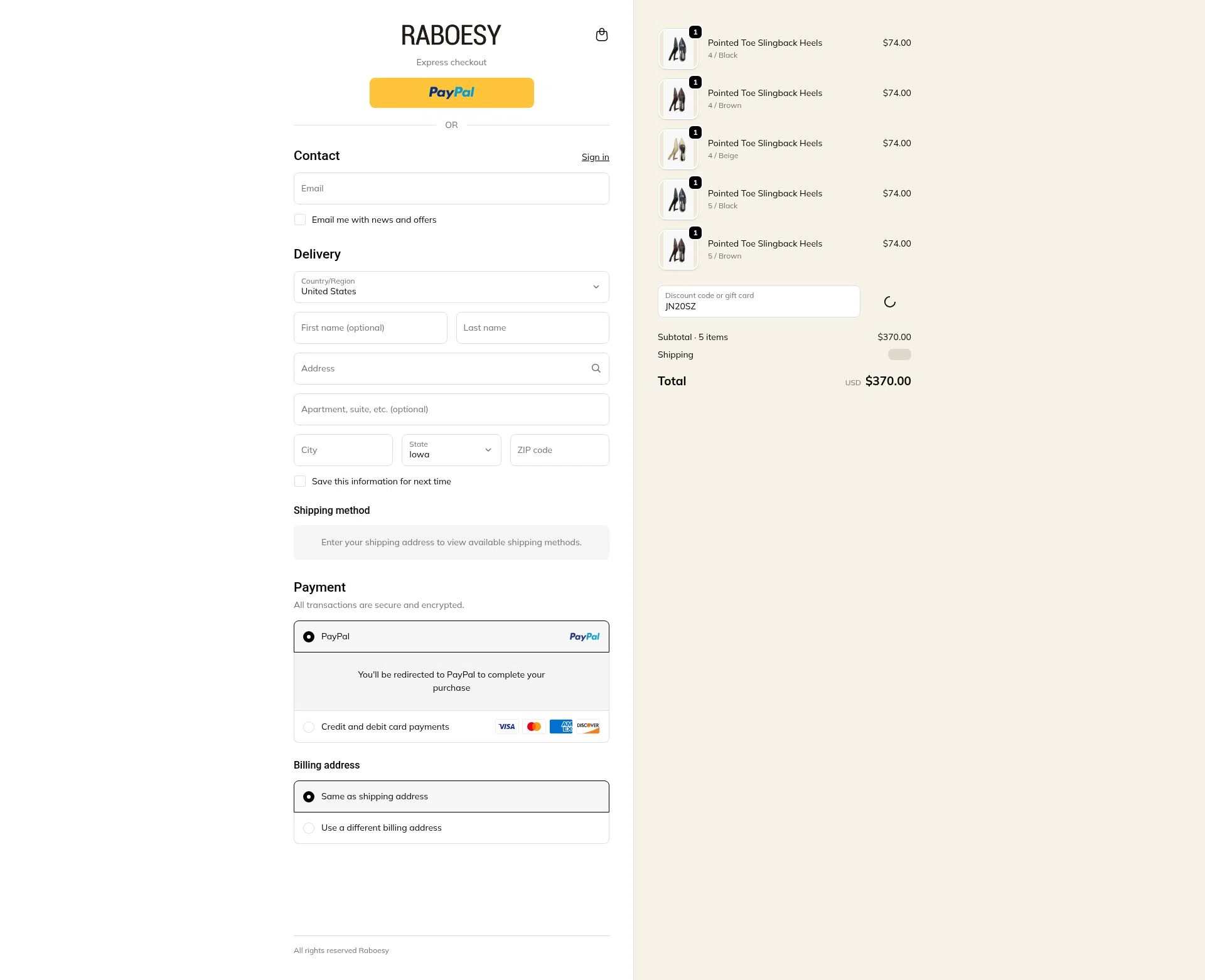 Raboesy checkout page showing Raboesy discount code box | Screenshot taken by SimplyCodes community member on Feb 15, 2026