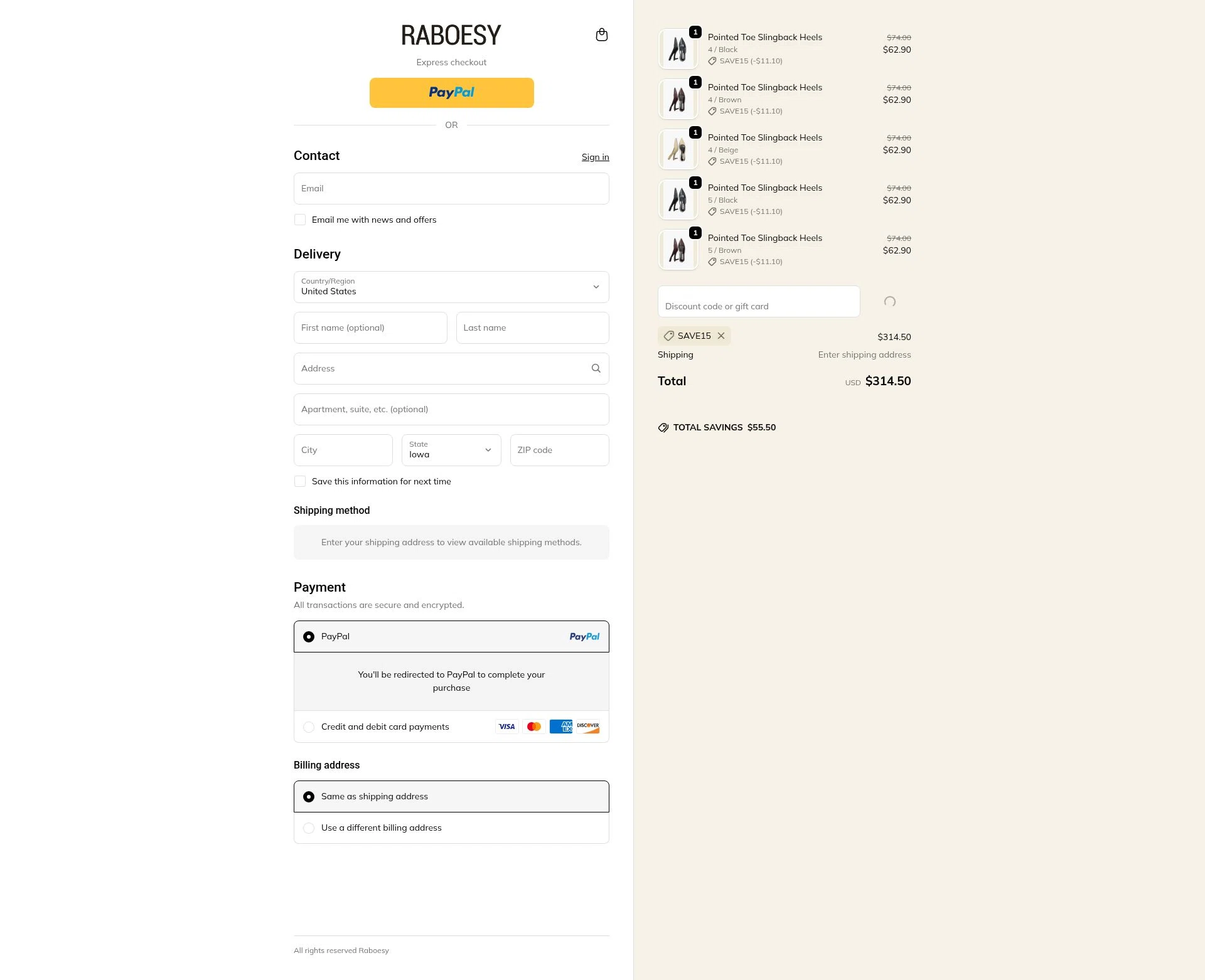 Raboesy checkout page showing Raboesy discount code box | Screenshot taken by SimplyCodes community member on Feb 15, 2026