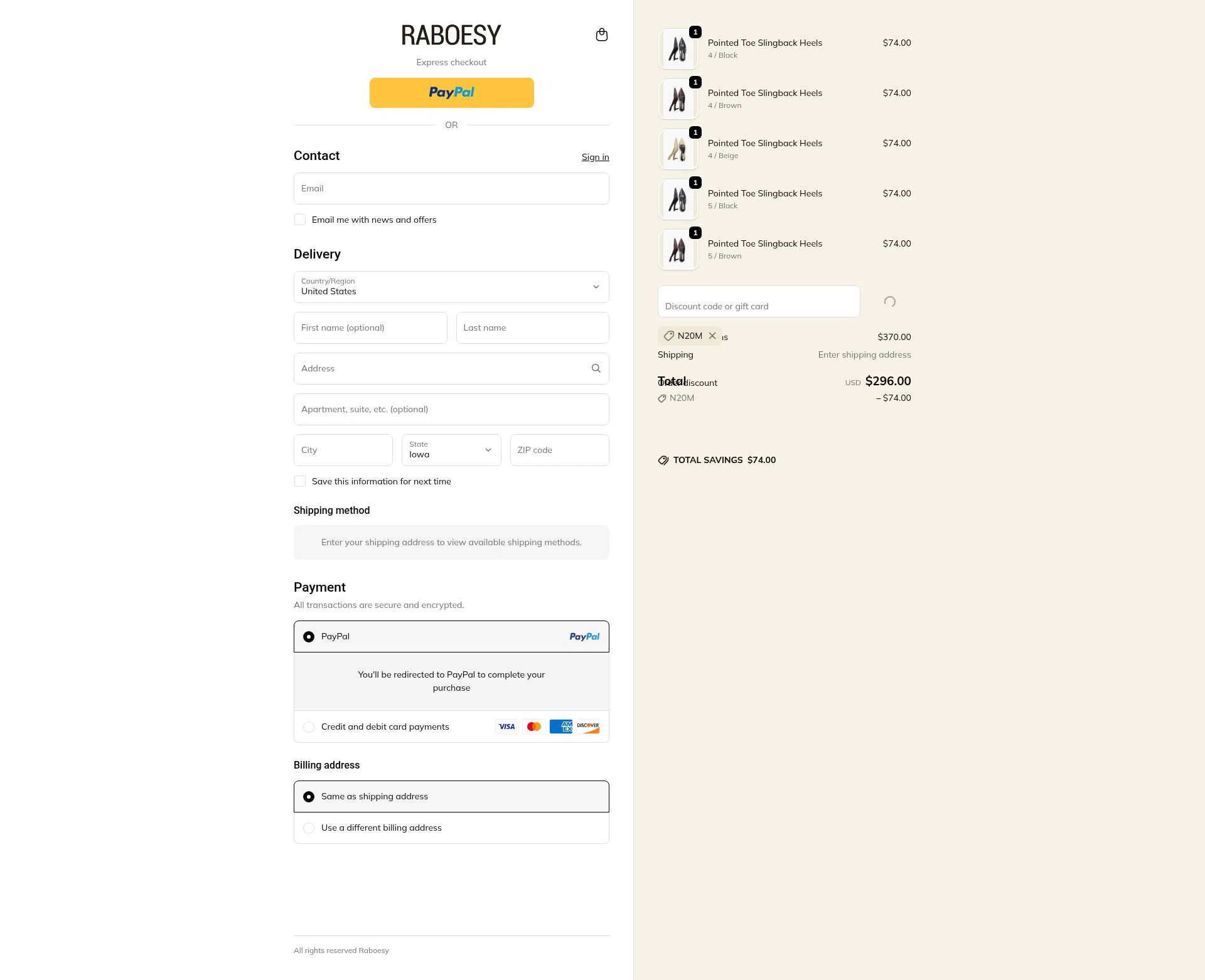Raboesy checkout page showing Raboesy discount code box | Screenshot taken by SimplyCodes community member on Feb 15, 2026
