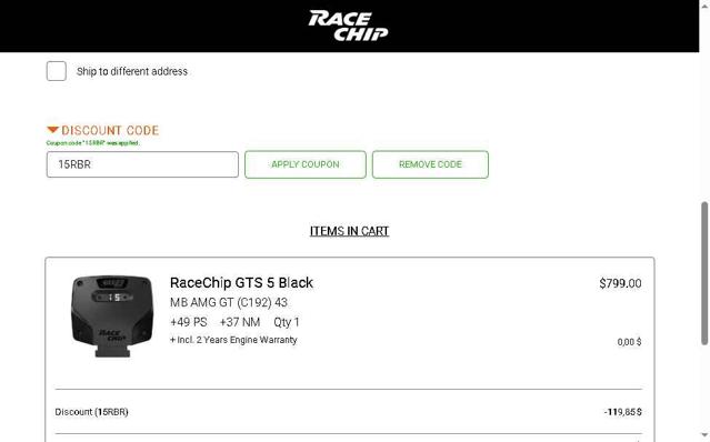Racechip checkout page showing Racechip discount code box | Screenshot taken by SimplyCodes community member on Aug 27, 2025