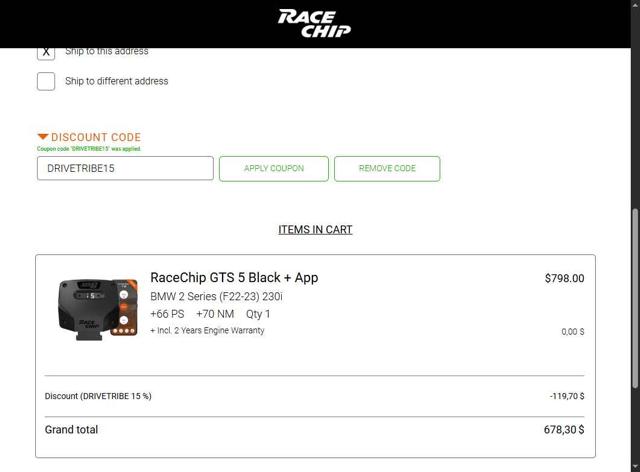 Racechip checkout page showing Racechip discount code box | Screenshot taken by SimplyCodes community member on Aug 22, 2025