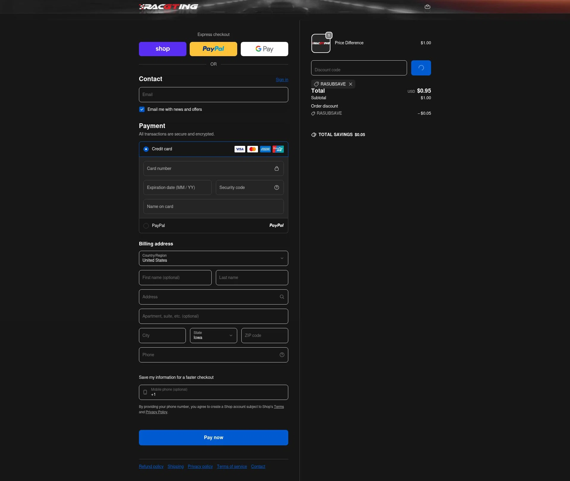Racgting checkout page showing Racgting promo code box | Screenshot taken by SimplyCodes community member on Feb 13, 2026