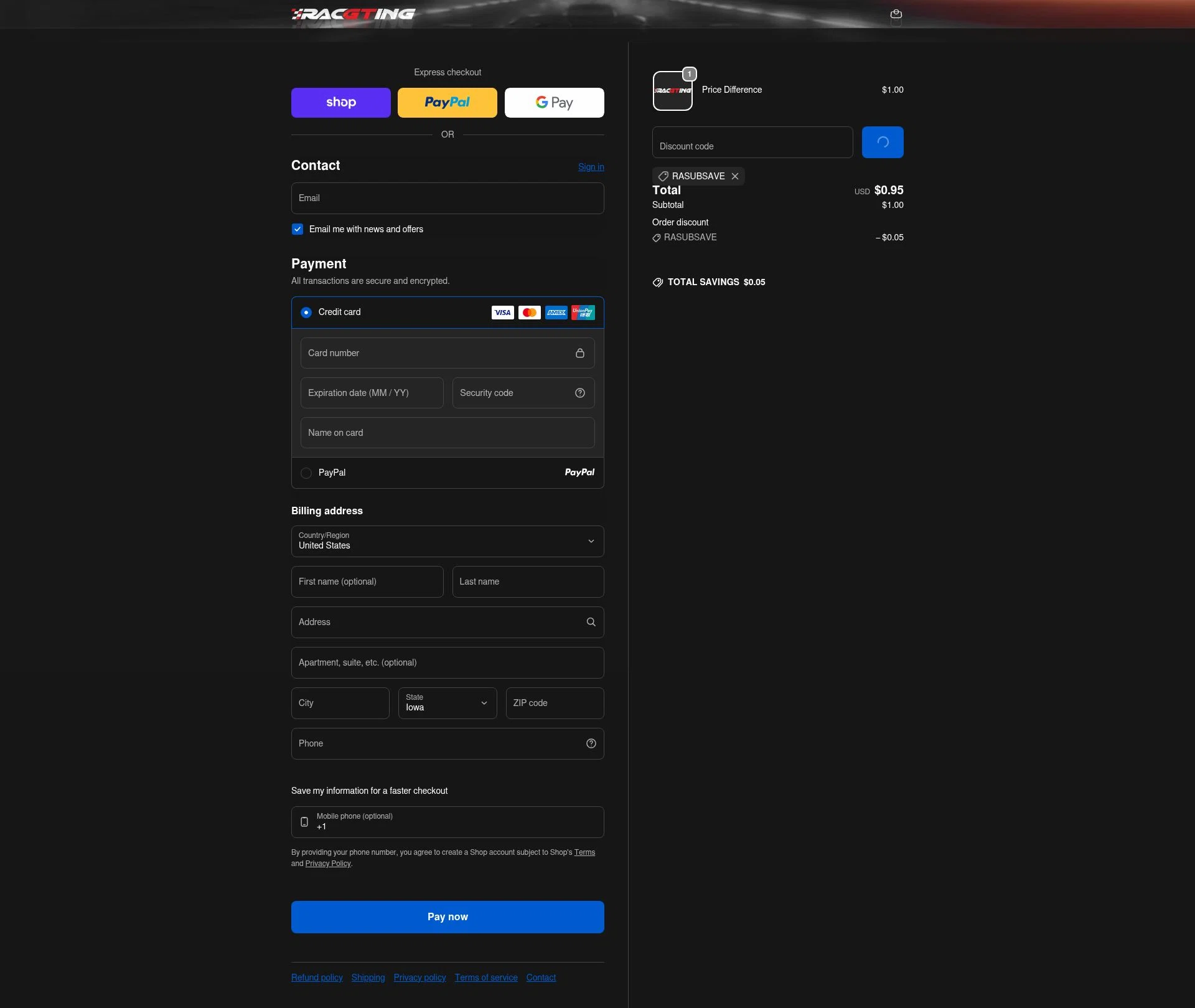Racgting checkout page showing Racgting promo code box | Screenshot taken by SimplyCodes community member on Feb 9, 2026