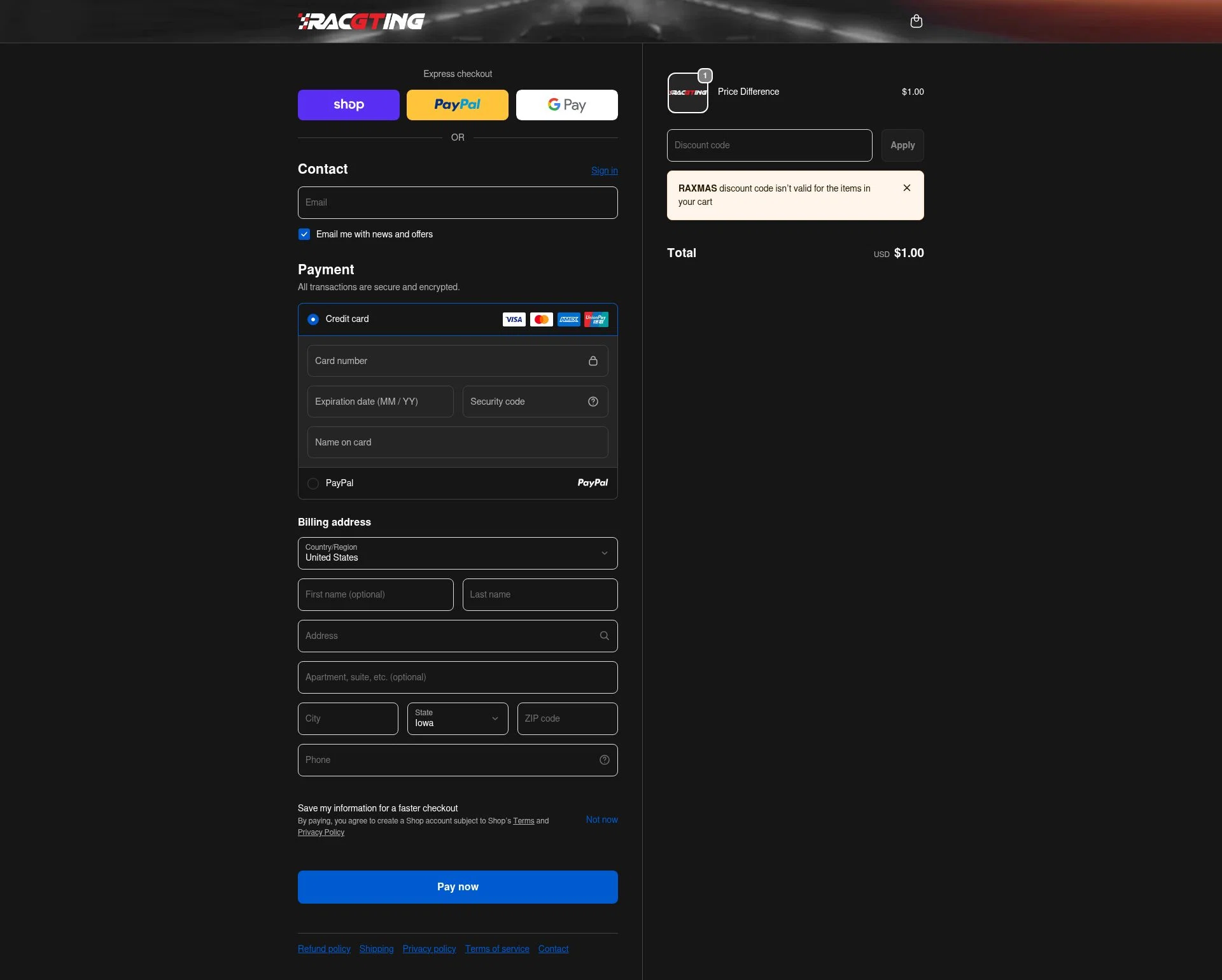 Racgting checkout page showing Racgting promo code box | Screenshot taken by SimplyCodes community member on Feb 18, 2026