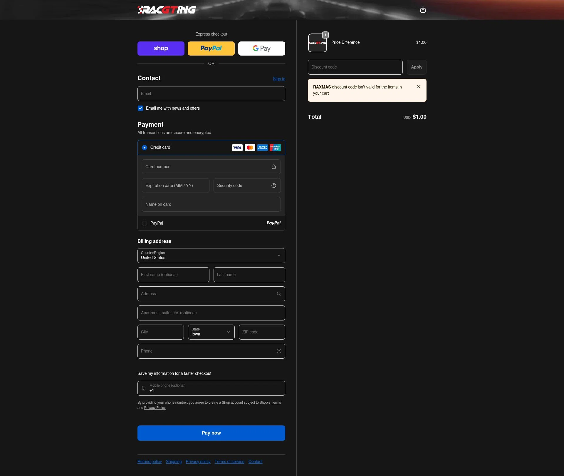Racgting checkout page showing Racgting promo code box | Screenshot taken by SimplyCodes community member on Feb 13, 2026