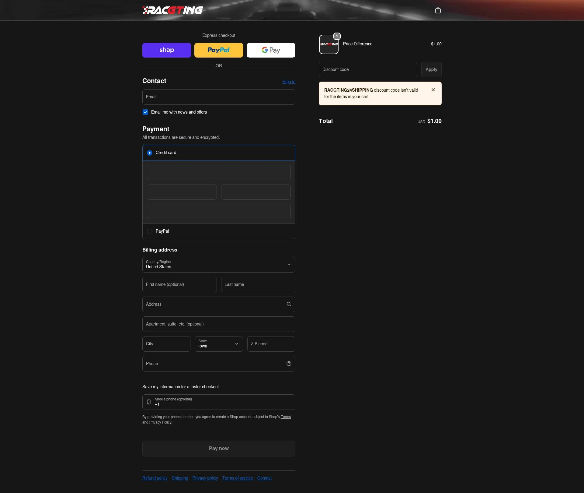 Racgting checkout page showing Racgting promo code box | Screenshot taken by SimplyCodes community member on Feb 9, 2026