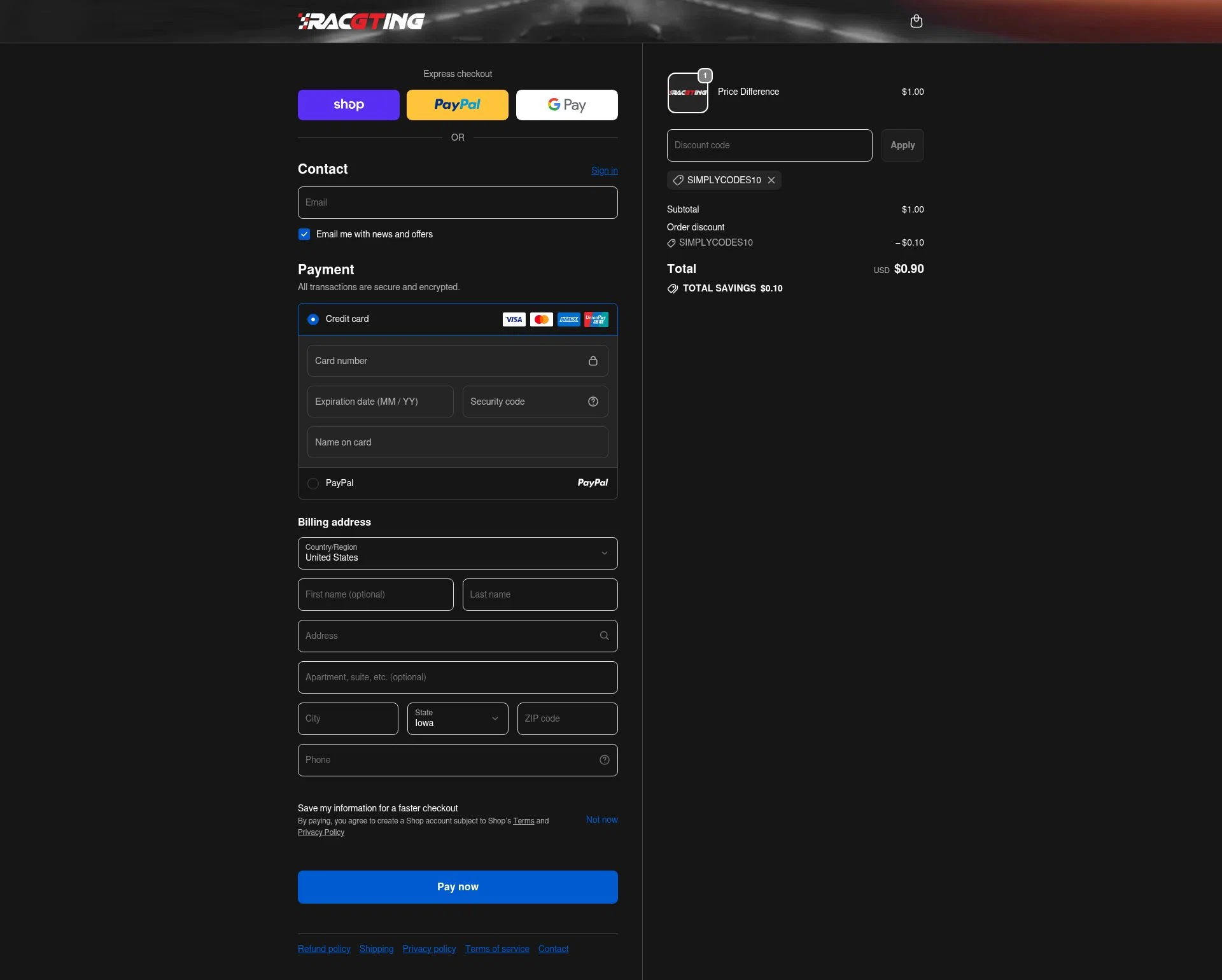 Racgting checkout page showing Racgting promo code box | Screenshot taken by SimplyCodes community member on Feb 18, 2026