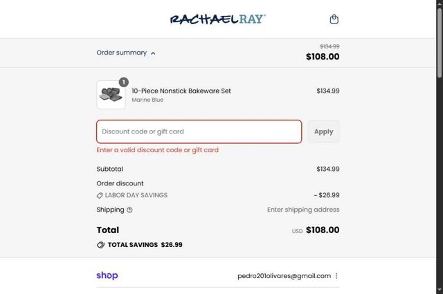 Rachael Ray checkout page showing Rachael Ray discount code box | Screenshot taken by SimplyCodes community member on Aug 30, 2025