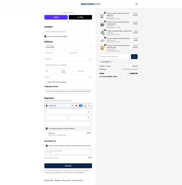 Rachael Ray checkout page showing Rachael Ray discount code box | Screenshot taken by SimplyCodes community member on Sep 8, 2025