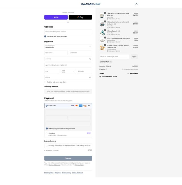 Rachael Ray checkout page showing Rachael Ray discount code box | Screenshot taken by SimplyCodes community member on Sep 3, 2025