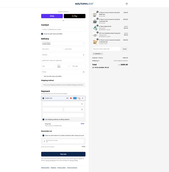 Rachael Ray checkout page showing Rachael Ray discount code box | Screenshot taken by SimplyCodes community member on Sep 3, 2025